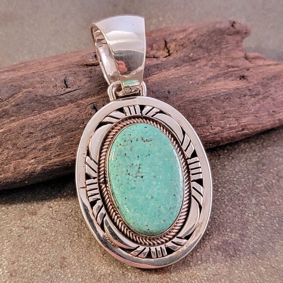Navajo Gary Spencer Sterling Blue Green Turquoise Pendant - Picture 2 of 8